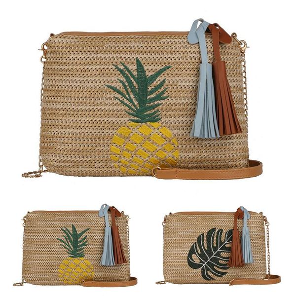 

2019 summer fashion pineapple printed women shoulder bag tassel straw woven satchel bag crossbody bags handbag for beach