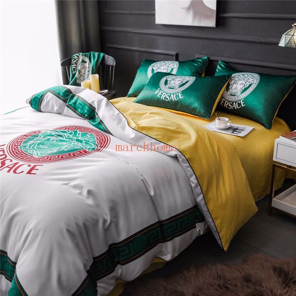 

spring and summer new fashion letter ver print white quilt cover luxurious and comfortable cotton silk bedding 4 sets asian  size