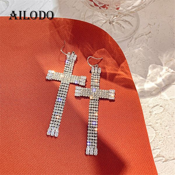 

ailodo big crystal cross earrings for women gold silver color party wedding dangle earrings fashion jewelry gifts 20may30