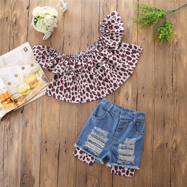 

2020 children clothing set summer new girl sleeveless suit leopard print shirt with hole denim shorts pants jeans two-piece suit, White