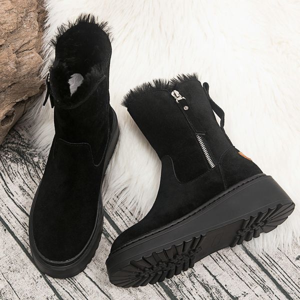 

2019 winter cowhide leather korean warm women's boots muffin bottom casual wild fat snow boots women's, Black