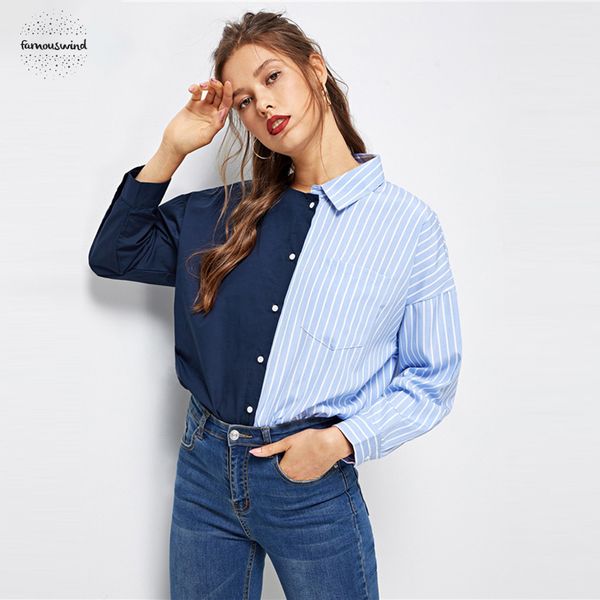 

neck striped blouses print shirt stylish autumn long sleeve womens and spring patchwork women blouse, White