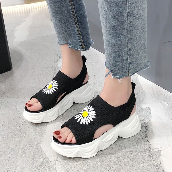 

sandals casual knitting breathable platform women shoes summer fashion black stretch fabric thick 2021