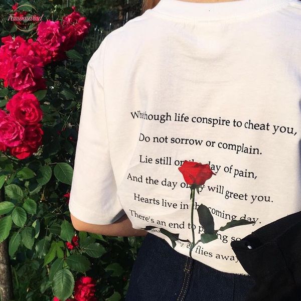 

halajuku style loose letter rose printed fashion casual short sleeve female tee drop shipping good quality, White
