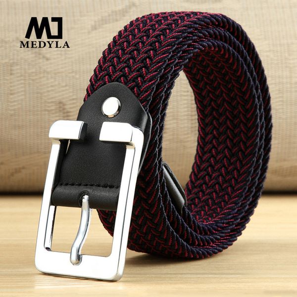 

men elastic belt black canvas stretch braided elastic woven leather belt wide metal stretch for men, Black;brown