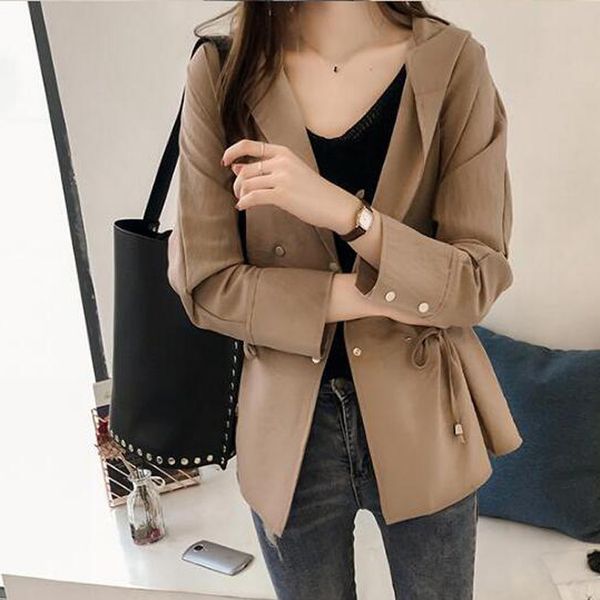 

la maxza korean loose hoodie trench jacket for women casual full sleeve european trench coats open stitch designer wind breaker, Tan;black