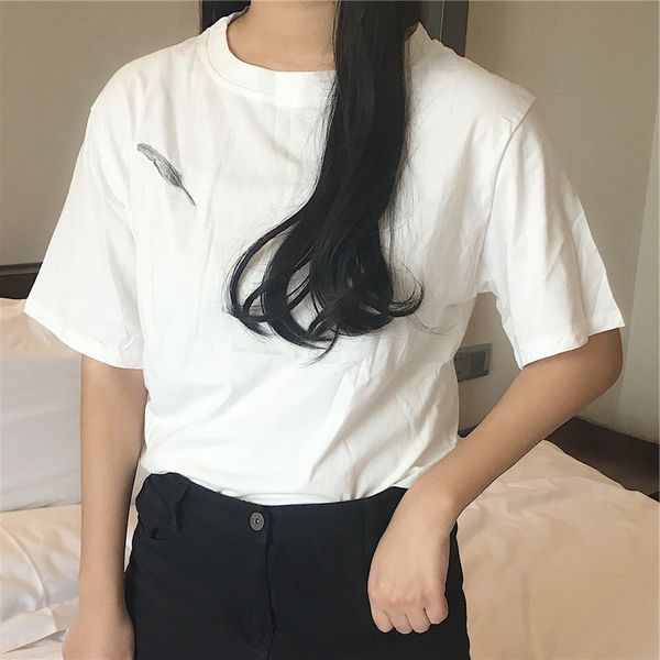 

new style korean-style loose-fit women's short sleeved embroidered t-shirt women's embroidered feather students pullover base sh, White