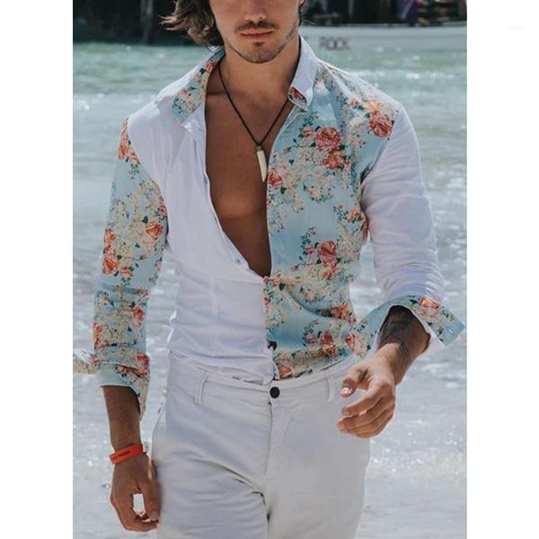 

одежда мужская однобортный tops mens конструктора floral print рубашки turn down воротник тонкий тройники с длинным рукавом, White;black
