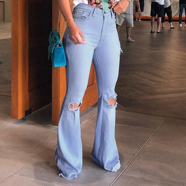 

plus size hole jeans high waist button pants trousers bell-bottom pants fringe stretch skinny female denim streetwear, Blue