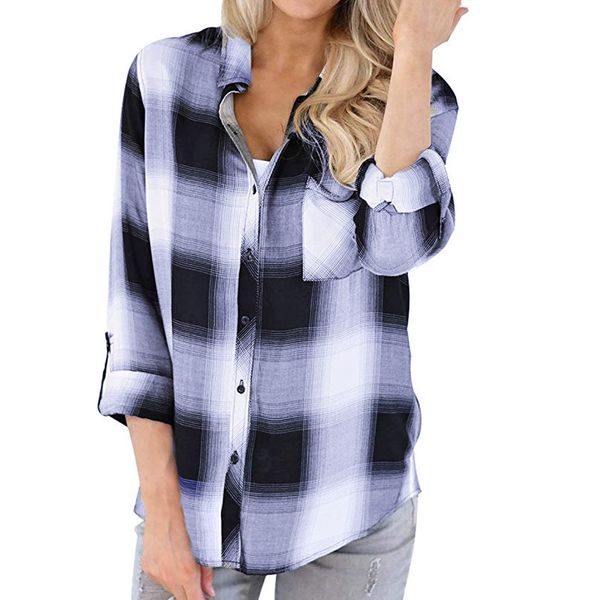 

womens and blouses vintage plaid long sleeve blouse 2018 women clothes streetwear tunic ladies fashion clothing, White
