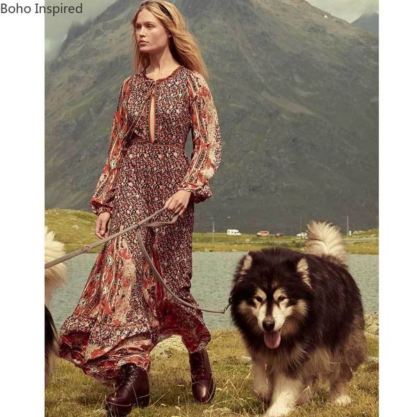 

boho inspired russian red long boho dress dress v-neck cotton long sleeve spring summer for women chic female, Black;gray