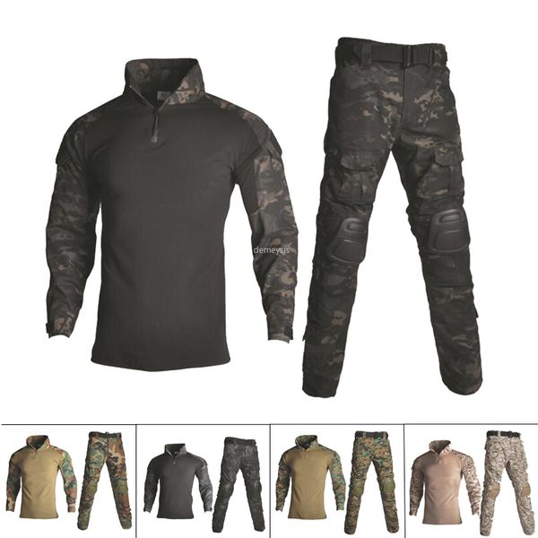 

tactical camouflage uniform clothes hunting suit men paintball army combat shirt + cargo pants with knee pads, Camo