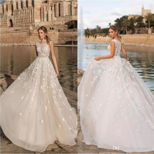 

naviblue 2019 элегантные свадебные платья совок шеи 3d аппликация кружева свадебные платья abiti да sposa пользовательские иллюзия принцесса, White