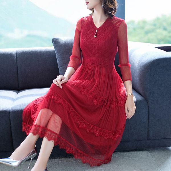 

mesh embroidery stitching dress autumn new dress temperament pleated, Black;gray