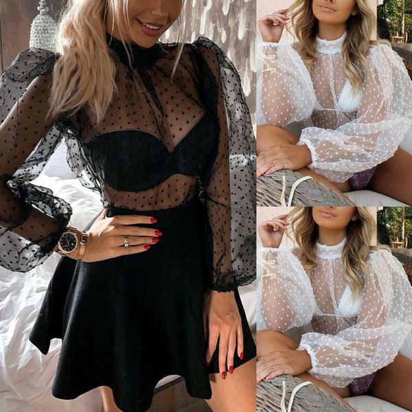 

2020 new women mesh dot puff long sleeve shirt ladies see through casual high neck slim blouse fashion clothes, White