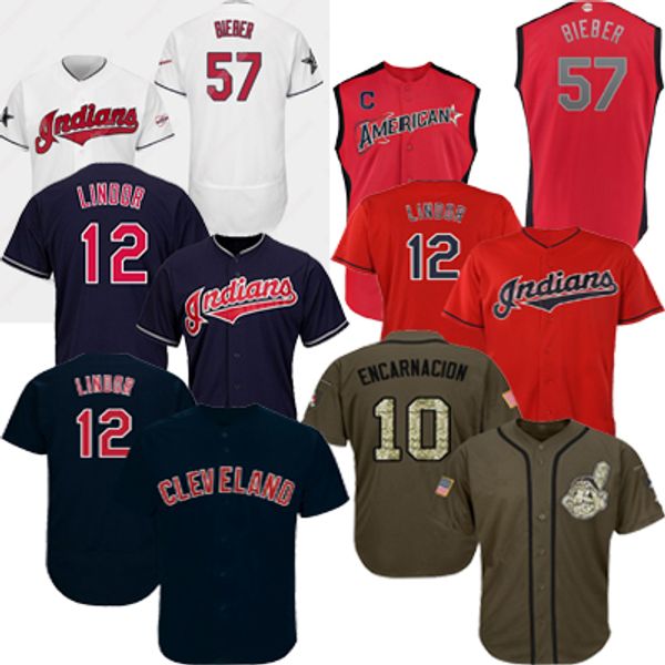 

#57 Shane Bieber Indians Lindor Edwin Encarnacion Jose Ramirez Trevor Bauer Jason Kipnis Corey Kluber Max Moroff Schneemann Baseball Jersey