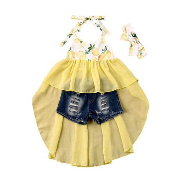 

new summer baby girl lemon clothes toddler kid halter vest+ripped denim shorts outfits sets 1-6 years, White