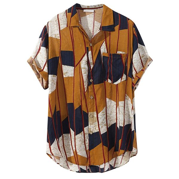 

casual mens shirts hawaiian blouse short sleeve roll up sleeve turn down collar button streetwear geometric print chemise homme, White;black