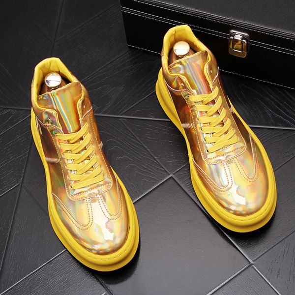 

men fashion party nightclub dress bright patent leather shoes gold silver platform boots lace-up ankle botas masculinas, Black
