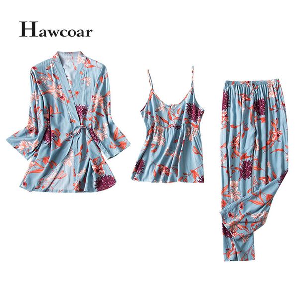 

women's pajamas women print pijama silk pink sleepwear long trousers robe nightwear 3pc set casual home clothes suit bathrobe, Blue;gray