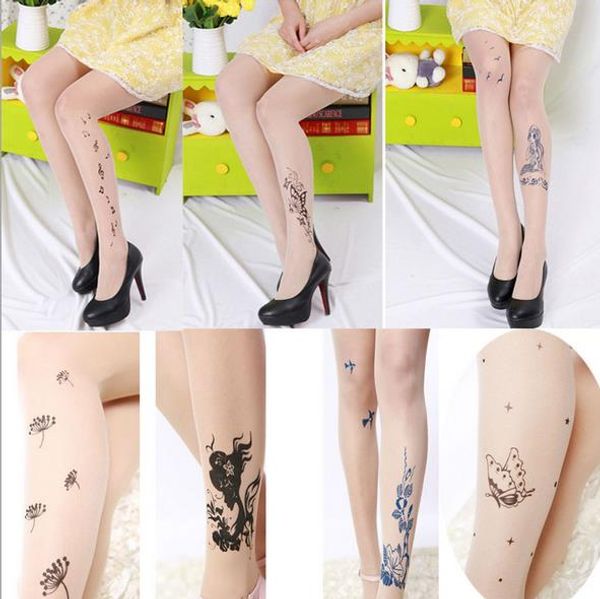 

qa92 fake tattoos print pantyhose 15d velvet tights women ultra show thin transparent stockings, Black;white