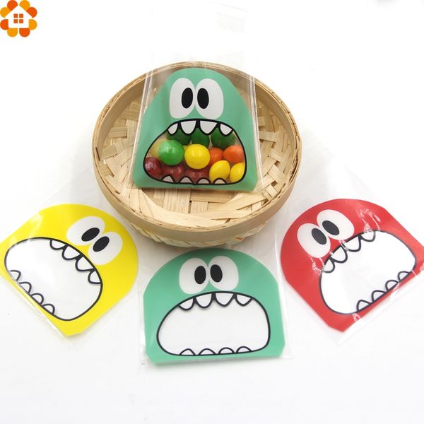 

50pcs 7x7cm 3colors cute cartoon monster cookie&candy bag self-adhesive plastic bags for biscuits snack baking package supplies