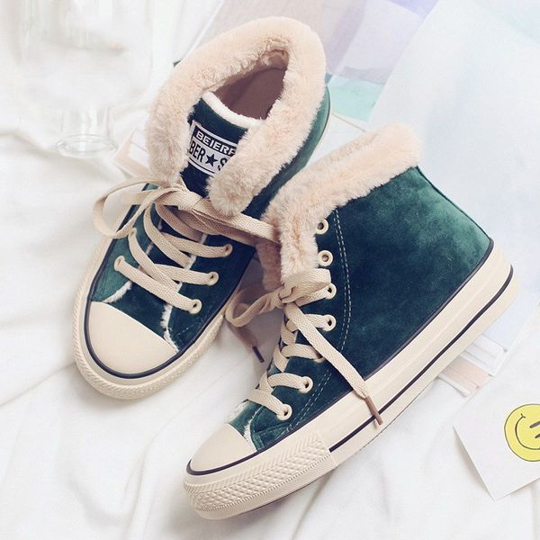 

2019 winter women flats fur warm high canvas shoes casual sneakers girls plush shoes woman lace up furry zapatos de mujer, Black