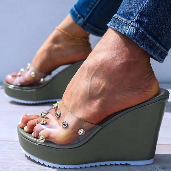 

sarairis transparent rivets fashion high heels leisure summer platform wedges slippers shoes women sandal, Black