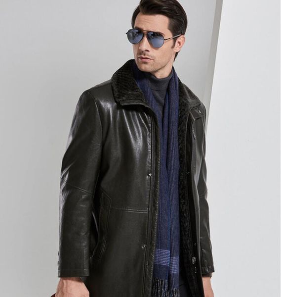 

europe fashional winter warm ecological pu leather coat men's lapel fur one medium long for middle-aged business men's thick, Black