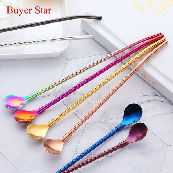 

colorful 304 stainless steel straws spoon reusable bent metal drinking straw with cleaner brush set party bar accessory