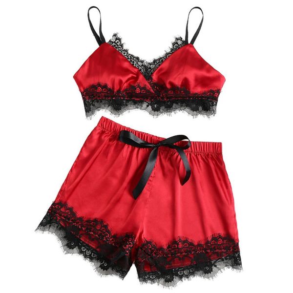 

women summer contrast pajamas set spaghetti crop bra wide leg shorts eyelash floral lace patchwork sleepwear, Blue;gray