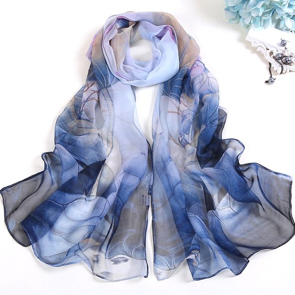 

women's sunscreen silk scarf soft and comfortable printing gradient gradient beach long thin scarf, Blue;gray