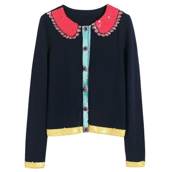 

100% wool brand fashion women's high-end luxury spring elegant slim sequined diamond knitted cardigan sweater, White