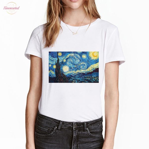 

women short sleeve casual van gogh art oil painting the polyester starry night t shirt summer tee, White