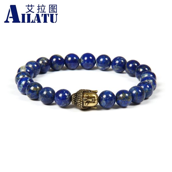 

ailatu religious jewelry 8mm natural not fade lapis lazuli stone beads with vintage cz big buddha head bracelet, Golden;silver