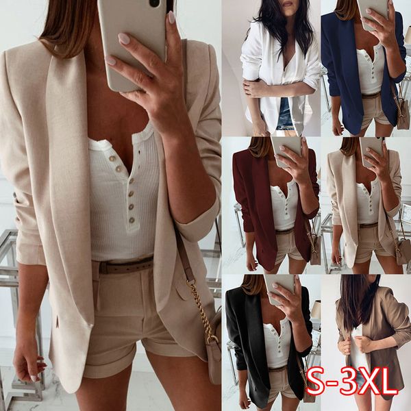 

women turn down collar suit jacket blazer autumn solid lapel slim fit jacket ladies business office coat open stich outerwear, White;black