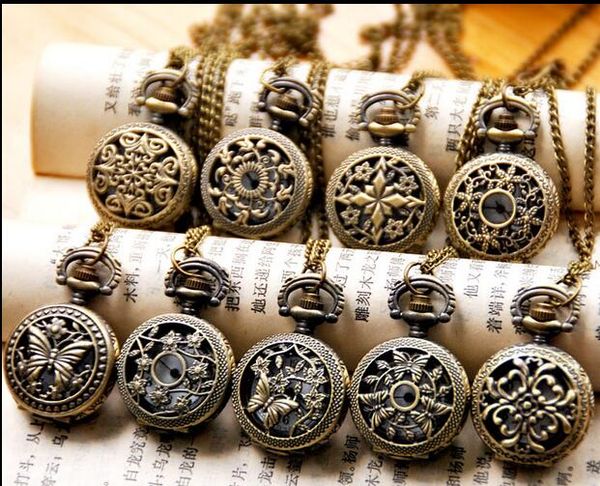

wholesale vintage bronze small flower pocket watch necklace, 12 design mixed ,12pc/lot hu88, Slivery;golden