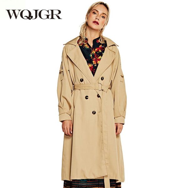 

wqjgr 2019 trench coat for women turn-down collar england style windbreaker coat long sleeves loose plus size parka, Tan;black