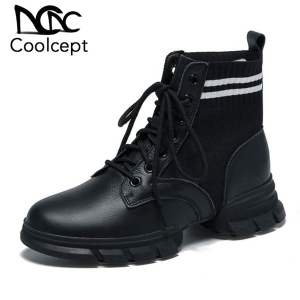 

coolcept women ankle boots fashion sneakers lace up winter shoes women short boots casual daily lady flats footwear size 35-39, Black