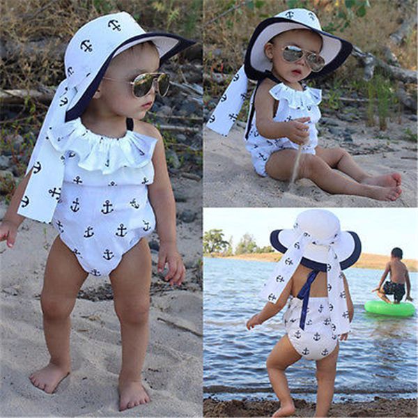 

cute newborn baby girl clothes summer sleeveless anchor romper + headband 2pcs outfit toddler kids sunsuit 0-24m, Blue