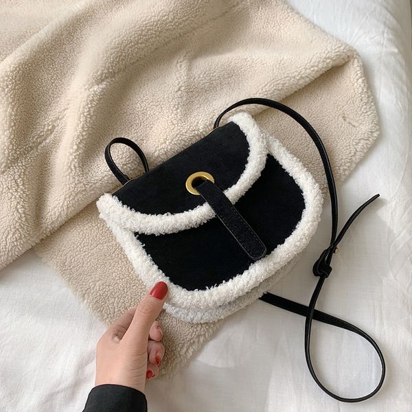 

vintage sctub pu leather female saddle bags women winter plush shoulder bags 2019 new lamb plush women messenger crossbody bag