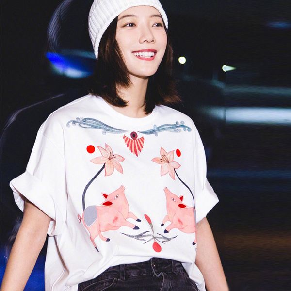 

summer sweet carttons print women's t-shirt designer short sleeve o neck ladies streetwear casual tshirt clothing, White