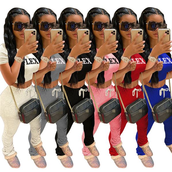 

plus size 2x summer women two piece set solid color outfits short sleeve letter crop pants fashion sportswear dhl 2938, Gray