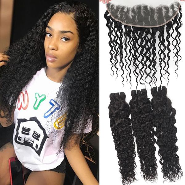 

9a water wave brazilian hair 3 bundles with 13x4 ear to ear lace frontal closure deep straight body loose wave kinky curly with closure, Black