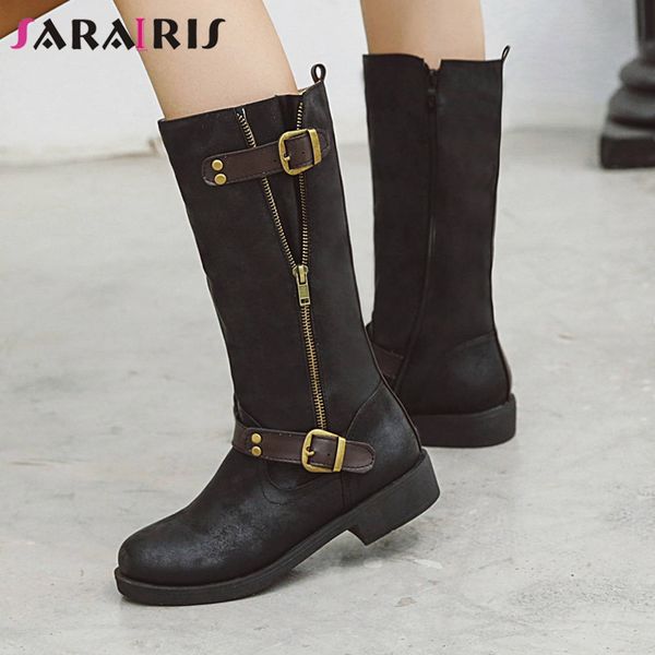 

sarairis new 34-43 buckle boots ladies platform zipper mid-calf boots women 2019 casual low heels shoes woman, Black
