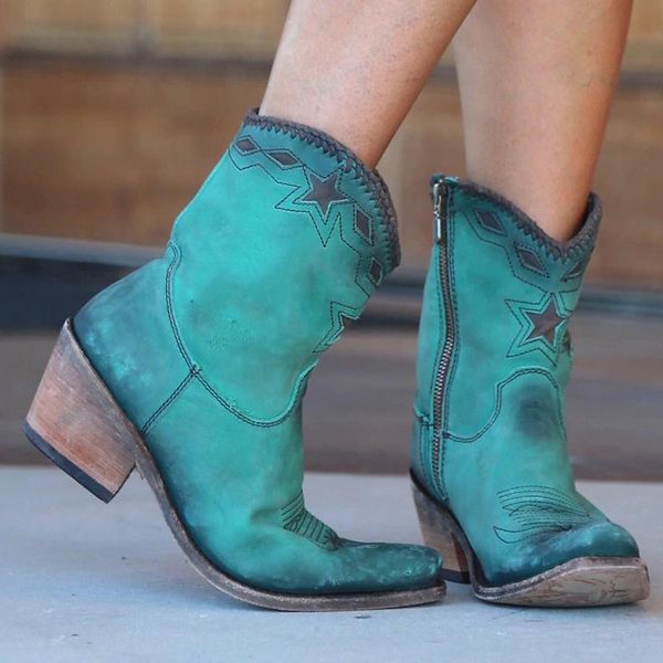 

monerffi boots women low heel pointed toe western boots star pattern cowboy retro pu leather shoes woman botas fenimina, Black
