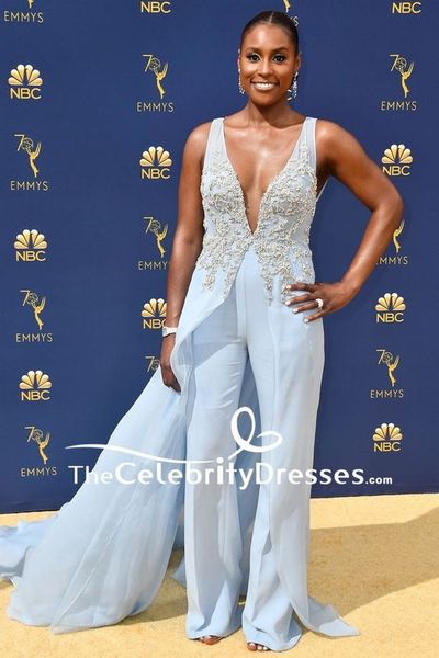 

sky blue jumpsuits with overskirts prom dresses v neck lace appliqued evening gowns dubai arabic party runway jumsuit dress custom, Black