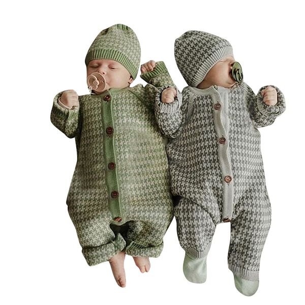 

2 pcs set baby's romper new year bodysuit newborn infant baby boy girl winter plaid knitted jumpsuit romper warm hat set, Blue