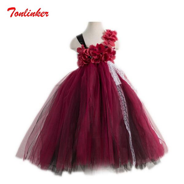 

lovely princess long style flowers tutu tulle catwalk dress girls prom sleeveless birthday party dress vestido, Black;red