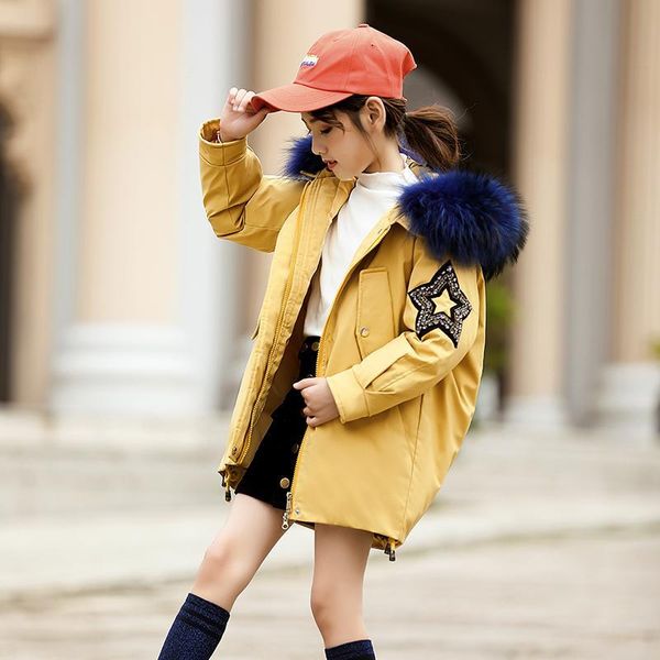 

2019 winter baby girls duck down jackets parkas 8986 kids snow wear star embroidery children thick coats with cap, Blue;gray